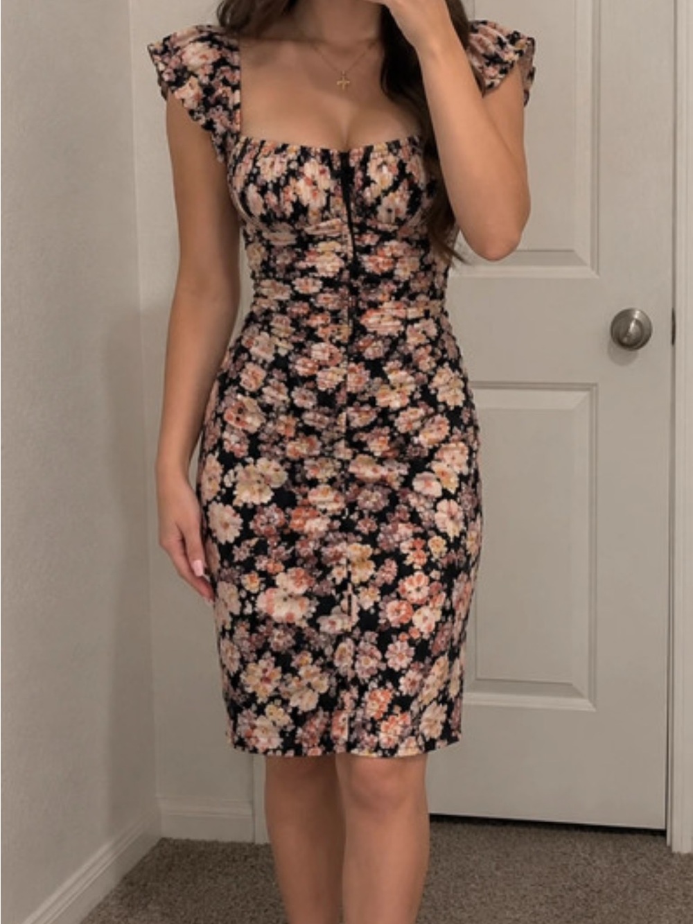 Papaya Black Floral Square-Neck Bodycon Mini Dress